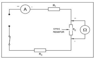 What is the reading of ohmmeter across opened ‘R2’ resistor? A Indicate zero reading B Indicate infinite resistance C Total resistance value of the circuit D Value of sum of the resistance of R1 and R3 only